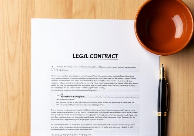 Close up of a detail-oriented contract review next to a handmade ceramic piece
